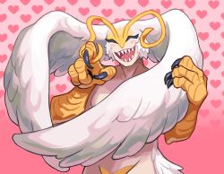 Rule 34 | 1girl, breasts, claws, devilman, closed eyes, feathered wings, feathers, fray (artist), harpy, head wings, heart, large wings, monster girl, nude, open mouth, sharp teeth, siren (devilman), solo, teeth, white hair, wings