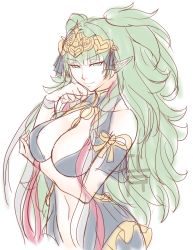 Rule 34 | 1girl, aged up, breasts, center opening, cleavage, cleru (cleruuuuu), cowboy shot, female focus, fire emblem, fire emblem: three houses, green eyes, green hair, highres, large breasts, long hair, long pointy ears, looking at viewer, matching hair/eyes, mature female, midriff, naughty face, navel, nintendo, no bra, no panties, pointy ears, revealing clothes, seductive smile, simple background, smile, solo, sothis (fire emblem), standing, twintails, very long hair, white background