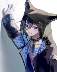 Rule 34 | 1boy, animal hood, arm up, black coat, black collar, black hair, black nails, cat hood, coat, collar, grin, hair between eyes, highres, holostars, hood, hood up, hooded coat, kanade izuru, kanade izuru (1st costume), looking at viewer, luma8b, male focus, open clothes, open coat, purple eyes, shadow, short hair, signature, smile, solo, spiked collar, spikes, upper body, white background