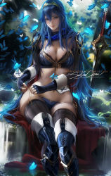 Rule 34 | 1girl, alternate breast size, armor, artist name, blue eyes, blue hair, blush, boots, bra, breasts, bug, butterfly, cape, cleavage, curvy, falchion (fire emblem), fingerless gloves, fire emblem, fire emblem awakening, full body, gloves, bug, jewelry, jpeg artifacts, large breasts, long hair, looking at viewer, lucina (fire emblem), matching hair/eyes, navel, nintendo, panties, patreon username, sakimichan, signature, simple background, smile, solo, sword, thigh boots, thighhighs, tiara, underwear, watermark, weapon, web address, wide hips