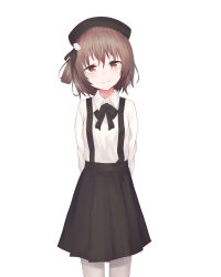 1girl absurdres beret black_bow black_hat black_ribbon black_skirt blush bow brown_eyes brown_hair closed_mouth collared_shirt commentary_request female_focus flower hair_between_eyes hair_flower hair_ornament hair_ribbon hat hatoba_tsugu head_tilt highres long_sleeves mole mole_under_eye one_side_up pantyhose pleated_skirt ribbon rose shiro_(acad1213) shirt simple_background skirt smile solo suspender_skirt suspenders virtual_youtuber white_background white_flower white_pantyhose white_rose white_shirt