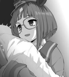 Rule 34 | 1boy, 1girl, :d, animal ears, collared shirt, commentary request, glasses, gradient background, grey background, greyscale, horse ears, hug, long sleeves, monochrome, multicolored hair, open mouth, school uniform, shirt, short hair, sleeves past wrists, smile, tracen school uniform, transcend (umamusume), two-tone hair, umamusume, upper body, watarui, white background, wide sleeves