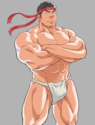 Rule 34 | 1boy, abs, bara, black hair, bulge, collarbone, crossed arms, fundoshi, headband, highres, japanese clothes, large pectorals, looking at viewer, male focus, male underwear, mature male, muscular, muscular male, navel, pectorals, ryu (street fighter), short hair, sideburns, solo, stomach, street fighter, tetsu (kurotetsu1379), thick thighs, thighs, underwear, underwear only, white male underwear, wind