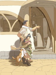 Rule 34 | 1boy, 1girl, age difference, apron, artist request, black hair, bloomers, blush, boots, broom, clothes lift, dog, hat, looking back, original, outdoors, pointing, road, skirt, skirt lift, street, underwear