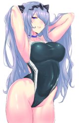 Rule 34 | 1girl, armpits, arms behind head, arms up, blush, breasts, camilla (fire emblem), choker, competition swimsuit, covered navel, cowboy shot, fire emblem, fire emblem fates, groin, hair ornament, hair over one eye, half-closed eyes, highleg, highleg swimsuit, large breasts, long hair, looking at viewer, nintendo, one-piece swimsuit, panzer (p.z), parted lips, purple eyes, purple hair, simple background, smile, solo, standing, swimsuit, white background