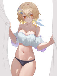 Rule 34 | 1girl, absurdres, bare shoulders, black panties, blonde hair, blush, cowboy shot, crop top, curtains, feng ruoli 321, genshin impact, highres, looking at viewer, lumine (genshin impact), midriff, navel, no pants, off-shoulder shirt, off shoulder, panties, shirt, short hair, short sleeves, simple background, smile, solo, standing, stomach, thighs, underwear, white background, white shirt, yellow eyes