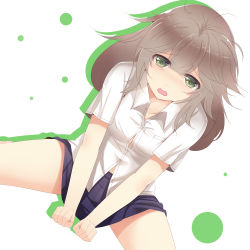 Rule 34 | 1girl, brown hair, clothes between thighs, green eyes, original, shirt, skirt, solo, sts, tears, v arms, white shirt