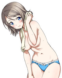 Rule 34 | 10s, 1girl, blue eyes, blue panties, blush, breasts, closed mouth, convenient censoring, cowboy shot, grey hair, hand on own thigh, highres, large breasts, leaning forward, looking at viewer, love live!, love live! sunshine!!, navel, panties, sankuro (agoitei), simple background, smile, solo, standing, sweat, topless, towel, towel around neck, towel over breasts, underwear, underwear only, watanabe you, white background, yellow towel