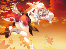 Rule 34 | 1girl, animal ears, ass, breasts, detached sleeves, female focus, geta, hat, inubashiri momiji, maki (seventh heaven maxion), nature, outdoors, plant, red eyes, short hair, silver hair, skirt, sky, solo, sword, tail, tokin hat, touhou, underboob, weapon, wolf ears, wolf tail