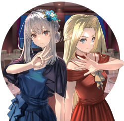 Rule 34 | 2girls, anniversary, bare arms, bare shoulders, blonde hair, blue dress, blue eyes, braid, breasts, choker, closed mouth, commentary, crown braid, dress, final fantasy, final fantasy brave exvius, flower, glaciela wezette, grey hair, hair flower, hair ornament, hand up, highres, hirono (hxze4434), long hair, looking at viewer, macherie hourne, medium breasts, multiple girls, open hand, parted bangs, red choker, red dress, red eyes, sidelocks, smile, upper body, war of the visions: final fantasy brave exvius