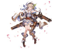 Rule 34 | 1girl, belt, beret, blonde hair, blue eyes, boots, bow, breasts, closed mouth, cucouroux (granblue fantasy), detached sleeves, dress, full body, granblue fantasy, gun, hair bow, hat, holding, holding weapon, holster, long hair, long sleeves, looking at viewer, medium breasts, minaba hideo, overskirt, petals, rifle, short dress, skirt, sleeveless, smile, solo, standing, transparent background, twintails, weapon
