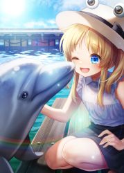 Rule 34 | 1girl, ;d, absurdres, animal, blonde hair, blue eyes, blue sky, blush, casual, cloud, commentary request, day, dolphin, hat, highres, long hair, looking at animal, moriya suwako, nora wanko, one eye closed, open mouth, pool, shirt, sky, sleeveless, sleeveless shirt, smile, solo, squatting, touhou, water, white hat, white shirt