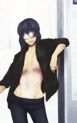 Rule 34 | 00s, 1girl, blue hair, cyborg, denim, female focus, ghost in the shell, ghost in the shell stand alone complex, head-mounted display, jacket, jeans, kusanagi motoko, leotard, lips, pants, short hair, solo, standing, sunglasses