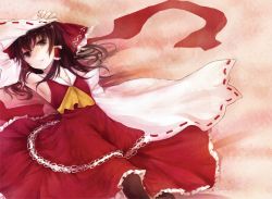 Rule 34 | 1girl, ascot, bad id, bad pixiv id, brown hair, detached sleeves, dress, female focus, hair ribbon, hakurei reimu, japanese clothes, lying, miko, no nose, red dress, ribbon, short hair, solo, touhou, wide sleeves, yalicuo