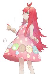 Rule 34 | 1girl, absurdres, bad id, bad pixiv id, bow, closed mouth, creature, dress, feet out of frame, green eyes, hair bow, hairband, highres, holding, long hair, looking at viewer, ohisashiburi, one eye closed, original, pink dress, polka dot, polka dot dress, red bow, red hair, simple background, solo, standing, white background, wristband