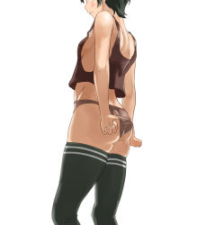 Rule 34 | 10s, 1girl, adjusting clothes, adjusting panties, ass, black hair, black thighhighs, blouse, breasts, brown panties, brown shirt, from behind, highres, kantai collection, lips, midriff, mogami (kancolle), out of frame, outside border, panties, parted lips, shirt, short hair, sideboob, skindentation, sleeveless, sleeveless shirt, small breasts, solo, tama (tamago), tank top, thighhighs, thighs, underwear, underwear only
