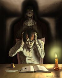 Rule 34 | 2boys, book, brown hair, candlelight, collared shirt, dark room, eren yeager, facial hair, father and son, glasses, glowing, glowing eyes, goatee stubble, grisha yeager, hands on own head, head tilt, headache, highres, hood, hooded jacket, jacket, mahmood (geeksketch), male focus, multiple boys, open book, quill, shingeki no kyojin, shirt, short hair, stubble, symbolism, upper body