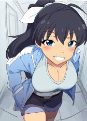 Rule 34 | 1girl, absurdres, antenna hair, belt, black belt, black hair, blue eyes, blue jacket, blue shirt, blue shorts, blush, bow, breasts, ceiling, cleavage, collarbone, cowboy shot, dot nose, fang, fisheye, ganaha hibiki, grey background, grin, hair bow, hair ribbon, hand in pocket, highres, idolmaster, idolmaster (classic), idolmaster million live!, idolmaster million live! theater days, indoors, jacket, leaning forward, long hair, long sleeves, looking at viewer, medium breasts, momo no suidou-sui, open clothes, open jacket, open mouth, ponytail, ribbon, shirt, shorts, smile, solo, standing, tile floor, tiles, white ribbon, window