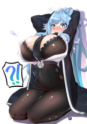 Rule 34 | !?, 1girl, absurdres, adjusting hair, arms up, between breasts, black bra, black coat, black dress, blue eyes, blue hair, blueberry, blush, bra, breasts, bright pupils, bursting breasts, buttons, cleavage, coat, covered erect nipples, dress, elf, embarrassed, female focus, flying button, flying sweatdrops, food, fruit, full-face blush, gurum, hair ribbon, highres, huge breasts, lace, lace bra, long hair, long sleeves, looking at viewer, motion lines, mouth hold, necktie, open clothes, open coat, open shirt, original, pantyhose, pointy ears, ponytail, raised eyebrows, ribbon, sash, see-through, seiza, simple background, sitting, solo, speech bubble, sweat, thighs, underwear, very long hair, wardrobe malfunction, wavy mouth, white background, white pupils