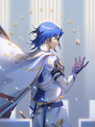 Rule 34 | 1boy, alear (fire emblem), alear (male) (fire emblem), black gloves, blue eyes, blue hair, cape, closed mouth, fire emblem, fire emblem engage, gloves, hahahashagi, highres, jewelry, light smile, long sleeves, looking to the side, nintendo, ring, shirt, short hair, solo, white cape