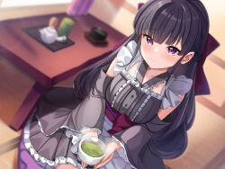 Rule 34 | 1girl, apron, black dress, black hair, blunt bangs, blurry, blurry background, bush, collarbone, cup, curtains, detached sleeves, dress, green tea, hair ribbon, highres, holding, holding cup, indoors, j young, lolita fashion, long hair, looking at viewer, non-web source, original, purple eyes, ribbon, sidelocks, smile, solo, sunlight, table, tatami, tea, teacup, teapot, very long hair, white apron, wide sleeves
