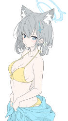 1girl alternate_costume alternate_hairstyle animal_ear_fluff animal_ears bikini blue_archive blue_eyes blue_halo blue_sarong blush breasts bright_pupils cleavage closed_mouth collarbone commentary cross cross_hair_ornament earrings extra_ears flower grey_hair hair_between_eyes hair_flower hair_ornament halo highres inverted_cross jewelry looking_at_viewer medium_breasts mismatched_pupils sarong shiroko_(blue_archive) short_hair simple_background smile solo stud_earrings swimsuit symbol-only_commentary t1kosewad white_background white_pupils wolf_ears wolf_girl yellow_bikini