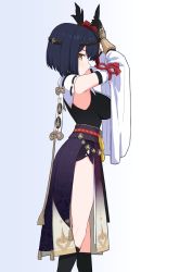 Rule 34 | 1girl, armpits, bare shoulders, bebetang, black hair, blush, breasts, circlet, detached sleeves, from side, genshin impact, gloves, hair ornament, highres, japanese clothes, kujou sara, large breasts, looking at viewer, short hair, sleeveless, solo, standing, thighs, vambraces, wide sleeves, yellow eyes