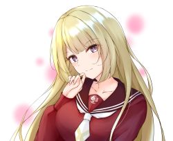 Rule 34 | 1girl, 7-mzk, assault lily, blonde hair, blunt bangs, blurry, blurry background, blush, breasts, brown sailor collar, closed mouth, collarbone, commentary request, fingernails, hand to own mouth, hand up, head tilt, highres, kanba girls high school uniform, long hair, long sleeves, looking at viewer, medium breasts, miyagawa takane, necktie, purple eyes, sailor collar, school uniform, serafuku, short necktie, smile, solo, upper body, white background, white necktie