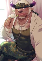 Rule 34 | 1boy, animal ears, bara, blush, brown fur, camouflage, camouflage headwear, camouflage pants, chest hair, covered abs, cow ears, cow horns, crossed legs, doctor, facial hair, furry, furry male, goatee, green tank top, headband, highres, holding, holding stethoscope, horns, incoming food, lab coat, large pectorals, leaning forward, looking at viewer, male focus, minotaur, mint, muscular, muscular male, pants, pectoral cleavage, pectorals, purple eyes, purple horns, sawch cls, shennong (housamo), short hair, solo, stethoscope, tank top, tokyo houkago summoners, white hair, window