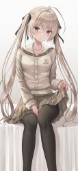 Rule 34 | 1girl, absurdres, ahoge, between legs, black pantyhose, blush, breasts, brown eyes, brown hair, brown shirt, brown skirt, closed mouth, commentary request, feet out of frame, female focus, grey background, hair between eyes, hand between legs, highres, kasugano sora, long hair, long sleeves, looking at viewer, pantyhose, plaid, plaid skirt, pleated skirt, seungju lee, shirt, skirt, small breasts, solo, twintails, very long hair, yosuga no sora