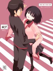 Rule 34 | 1boy, 1girl, araragi koyomi, artist name, black eyes, black footwear, black hair, black jacket, black pants, black pantyhose, black skirt, black undershirt, bob cut, closed mouth, collarbone, commentary, crosswalk, dress shirt, empty eyes, english text, eye contact, face-to-face, from above, gakuran, hair between eyes, hand on another&#039;s arm, height difference, highres, imminent hug, jacket, kikumaru bunta, leaning on person, looking at another, looking up, mixed-language text, monogatari (series), multilingual, naoetsu high school uniform, oshino ougi, pale skin, pants, pantyhose, parted lips, pink background, pink shirt, pleated skirt, puffy sleeves, pushing away, raised eyebrows, school uniform, shirt, short hair, signature, skirt, sleeves past fingers, sleeves past wrists, smile, speech bubble, translated, turtleneck, v-shaped eyebrows, walking