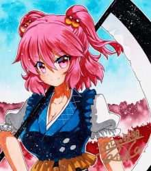 Rule 34 | 1girl, bad id, bad pixiv id, blue sky, breasts, carrying, cherry blossoms, cleavage, day, dress, hair between eyes, hair bobbles, hair ornament, head tilt, holding, holding scythe, large breasts, layered dress, looking at viewer, onozuka komachi, outdoors, pink eyes, pink hair, puffy short sleeves, puffy sleeves, qqqrinkappp, scythe, short hair, short sleeves, shoulder carry, sky, smile, solo, standing, touhou, traditional media, tree, twintails, upper body