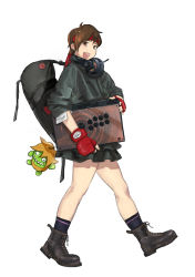 Rule 34 | 1girl, absurdres, arcade stick, bad id, bad pixiv id, bag, blanka-chan, boots, brown eyes, brown hair, casual, character doll, commentary request, controller, duffel bag, fingerless gloves, from side, full body, game controller, gloves, headband, headphones, headphones around neck, headset, highres, joystick, kasugano sakura, looking at viewer, mad catz, padded gloves, red gloves, red headband, short hair, skirt, sleeves pushed up, socks, solo, sora-bakabon, street fighter, street fighter v, walking, white background