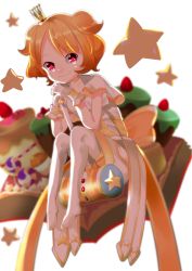 Rule 34 | 1girl, absurdres, blurry, blurry background, book, brown hair, cake, crown, food, forehead, fruit, hammer, highres, kamaboko higii, open book, otoca d&#039;or, pink eyes, short hair, sitting, smile, solo, star (symbol), strawberry, sunny (otoca d&#039;or), white legwear