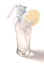 Rule 34 | 1girl, blue hair, bow, cirno, closed eyes, dress, drinking straw, food, fruit, glass, hair bow, hug, ice, ice cube, juice, lemon, mini person, minigirl, short hair, simple background, sitting, solo, touhou, white background, wings, xiao qiang (overseas)