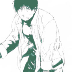 Rule 34 | 1boy, black hair, fullmetal alchemist, green theme, lowres, male focus, mattsu, monochrome, open clothes, open shirt, roy mustang, shirt, short hair, simple background, standing, surprised, sweatdrop, upper body, white background, white shirt, wide-eyed