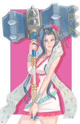 Rule 34 | 1girl, a ichiro, belt, black hair, blue eyes, bracer, breasts, cleavage, cowboy shot, deborah (dq5), dragon quest, dragon quest v, dress, feather boa, flower, frilled dress, frills, hair flower, hair ornament, hammer, holding, holding weapon, jewelry, long hair, long tail, looking at viewer, necklace, pendant, pink dress, ponytail, smile, solo, spikes, tail, weapon