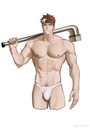 Rule 34 | 1boy, abs, absurdres, bara, briefs, carrying over shoulder, cropped legs, earrings, headband, highres, industrial pipe, jewelry, large pectorals, looking at viewer, male focus, male underwear, multicolored hair, muscular, muscular male, my eight, nipples, original, pectorals, short hair, sideburns, smile, solo, stomach, streaked hair, thick thighs, thighs, topless male, underwear, white male underwear