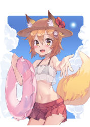 Rule 34 | 1girl, :d, animal ear fluff, animal ears, bare arms, bare shoulders, bikini, bikini top only, black bikini, blue sky, blush, brown eyes, brown hair, brown hat, cloud, commentary request, day, fang, fox ears, fox girl, fox tail, hair between eyes, hat, highres, holding, holding swim ring, innertube, looking at viewer, navel, newey, open mouth, outdoors, pleated skirt, red skirt, ribbon trim, see-through, senko (sewayaki kitsune no senko-san), sewayaki kitsune no senko-san, skin fang, skirt, sky, smile, solo, sun hat, swim ring, swimsuit, tail, transparent