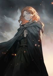 Rule 34 | 1girl, blonde hair, cape, cloud, cloudy sky, elden ring, embers, grey cape, highres, hood, hooded cape, lack, long hair, looking at viewer, melina (elden ring), one eye closed, scar, scar across eye, scar on face, sky, solo, yellow eyes