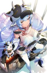 Rule 34 | 1girl, animal ears, animal hood, bare shoulders, blue hair, bra, breasts, catura (granblue fantasy), choker, cleavage, closed mouth, collarbone, cow, cow ears, cow girl, cow hood, detached sleeves, earrings, expressionless, feb itk, from above, granblue fantasy, highleg, highleg panties, highres, hood, jewelry, large breasts, long hair, long sleeves, looking at viewer, looking up, micro shorts, motor vehicle, motorcycle, open fly, panties, red eyes, sandals, sanpaku, see-through, shirt, short shorts, shorts, sitting, skindentation, sleeveless, sleeveless shirt, solo, string panties, thick eyebrows, thighhighs, torn clothes, torn thighhighs, underwear, very long hair, white bra, white choker, white panties, white shorts, white thighhighs, wide sleeves, zouri