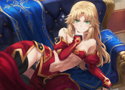 Rule 34 | 1girl, armor, bandeau, bare shoulders, black thighhighs, blonde hair, breasts, detached collar, detached sleeves, fate/apocrypha, fate/grand order, fate (series), faulds, green eyes, highres, long hair, looking at viewer, lying, mordred (fate), mordred (fate/apocrypha), navel, on side, parted bangs, pelvic curtain, sidelocks, small breasts, smile, solo, sparkle, thighhighs, thighs, tonee