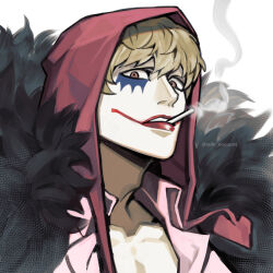 Rule 34 | 1boy, black cape, blonde hair, cape, cigarette, close-up, donquixote rocinante, facepaint, feathered cape, hair between eyes, highres, hood, looking at viewer, makeup, male focus, one piece, pink shirt, red lips, shirt, short hair, smoke, solo, sunohara (encount), twitter username, upper body, white background