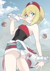 Rule 34 | 1girl, :t, absurdres, ass, blonde hair, blue eyes, blush, bracelet, breasts, closed mouth, cloud, commentary, cowboy shot, creatures (company), day, game freak, green bag, hair between eyes, hairband, hand up, highres, irida (pokemon), jewelry, looking at viewer, looking down, mountain, nintendo, outdoors, poke ball, poke ball (legends), pokemon, pokemon legends: arceus, red hairband, sash, shirt, short hair, short shorts, shorts, shot (shot0598), sky, small breasts, smile, solo, strapless, strapless shirt, waist cape, white shorts