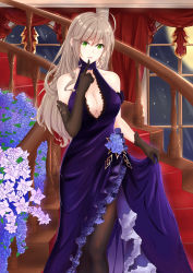 Rule 34 | 1girl, absurdres, ahoge, asymmetrical gloves, bare shoulders, black gloves, black pantyhose, blonde hair, blue dress, breasts, cleavage, clothes lift, dress, dress flower, dress lift, earrings, finger to mouth, flower, gloves, green eyes, highres, hiroshi (2443303124), jewelry, long hair, looking at viewer, medium breasts, missouri (warship girls r), open mouth, pantyhose, simple background, solo, stairs, star (symbol), star earrings, thighhighs, uneven gloves, warship girls r
