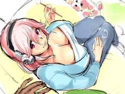 Rule 34 | 1girl, aged up, blush, breasts, cleavage, from above, headphones, lap pillow invitation, large breasts, long hair, looking at another, looking at viewer, looking up, mimikaki, minamoto (mutton), nitroplus, pink eyes, pink hair, poodle, sitting, sketch, smile, solo focus, super sonico