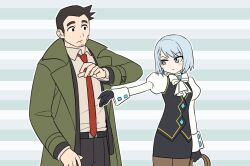 Rule 34 | 1boy, 1girl, ace attorney, bandage on face, bandages, black eyes, black gloves, black hair, black pants, black skirt, black vest, blue hair, bow, closed mouth, coat, dick gumshoe, facial hair, franziska von karma, frown, gloves, goatee stubble, green coat, grey eyes, gwiga0, holding, holding whip, juliet sleeves, long sleeves, outstretched arm, pants, puffy sleeves, shirt, sideburns, sideburns stubble, skirt, striped, striped background, stubble, vest, white bow, white shirt, world is mine (vocaloid)