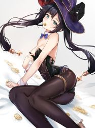 Rule 34 | 1girl, adapted costume, ass, atychi, bare shoulders, black hair, black leotard, blue bow, blue bowtie, bow, bowtie, breasts, brown pantyhose, coin, feet out of frame, floating hair, genshin impact, gold coin, gold trim, green eyes, hat, highres, leotard, long hair, lying, medium breasts, mona (genshin impact), mora (genshin impact), mouth hold, on side, pantyhose, playboy bunny, purple hat, solo, thighlet, twintails, witch hat
