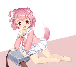 Rule 34 | 1girl, absurdres, all fours, animal ears, azur lane, barefoot, bell, commentary request, dog ears, dog tail, feet, hair ornament, highres, jingle bell, miniskirt, off shoulder, open mouth, pink eyes, pink hair, pink shirt, school uniform, shirt, short hair, side ponytail, simple background, skirt, solo, tail, the hermit, toes, uzuki (azur lane), white background, white skirt