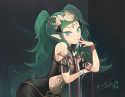 Rule 34 | 1girl, 2019, :3, braid, dated, dress, finger to mouth, fire emblem, fire emblem: three houses, green eyes, green hair, hair ornament, hair ribbon, head tilt, jewelry, leaning on object, long hair, matching hair/eyes, messy hair, nintendo, pointy ears, ribbon, shiroh46, smile, solo, sothis (fire emblem), twin braids, twintails, very long hair